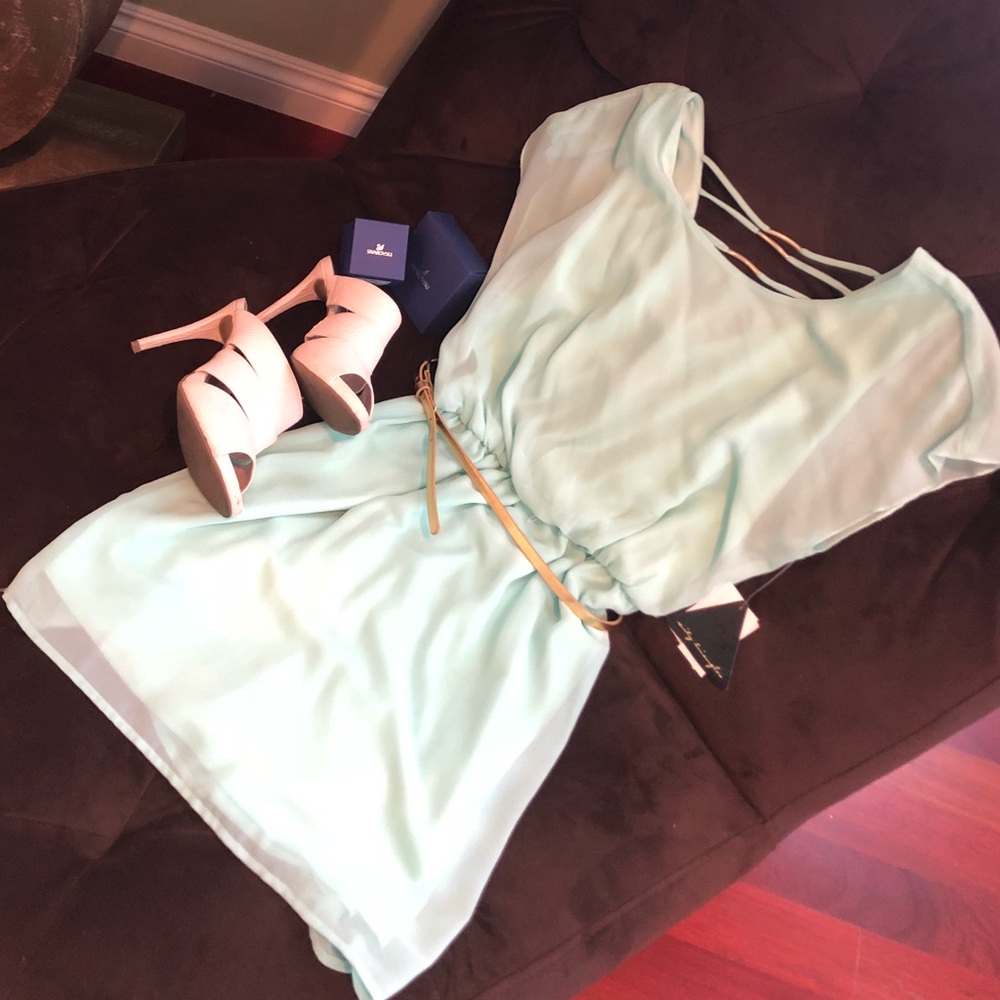 Pale mint sheer mini dress with gold belt Size S